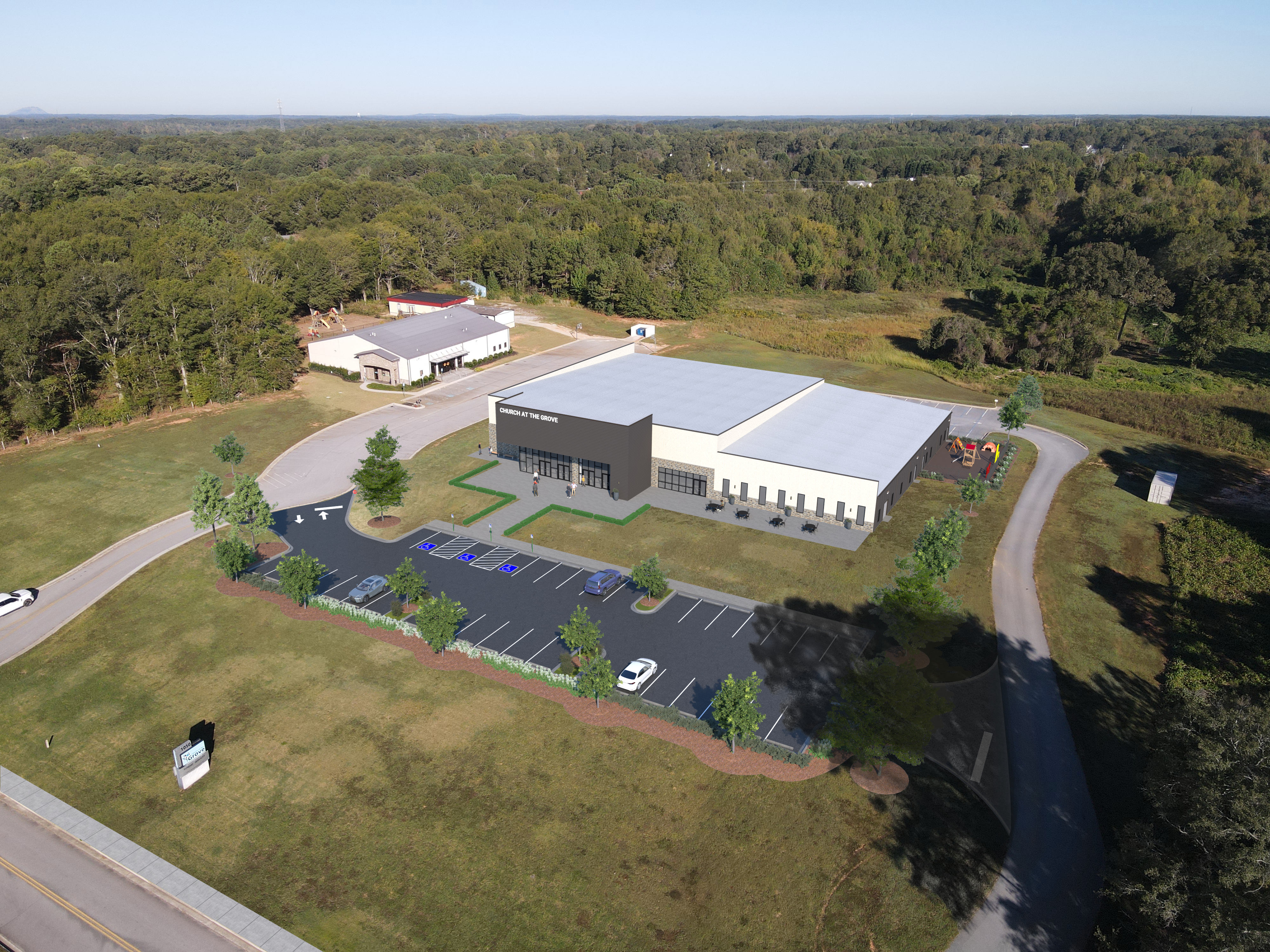 Aerial exterior rendering with dark insulated metal panel finish